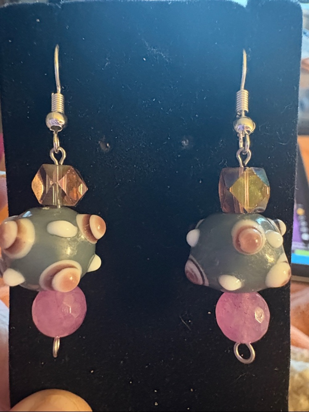 Hand Crafted Gray and Pink Bead Drop Earrings